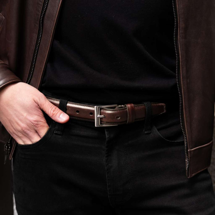 brown leather belt in black pants