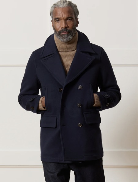 man wearing a wool cashmere peacoat over a sweater