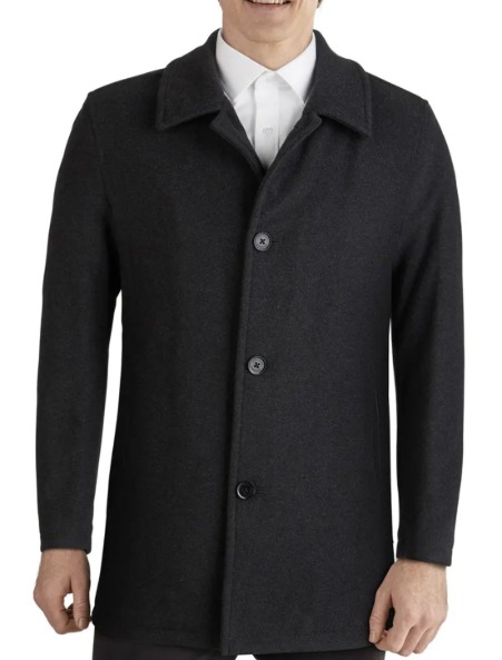 Untitled-5 man wearing a wool blend plush car coat with a button up collared shirt