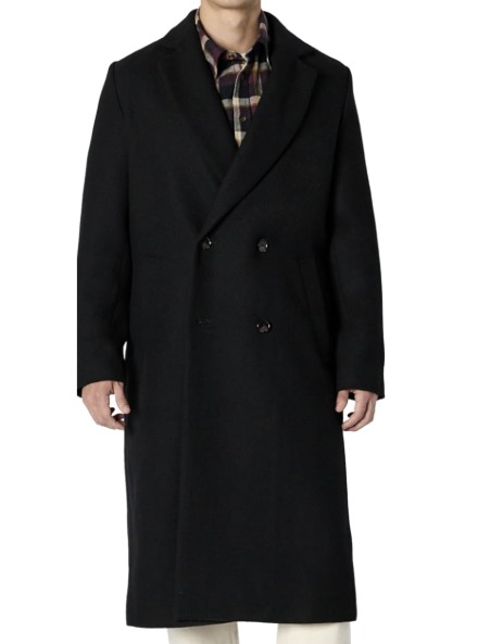 Untitled-6 man wearing a long line topcoat over a button front shirt