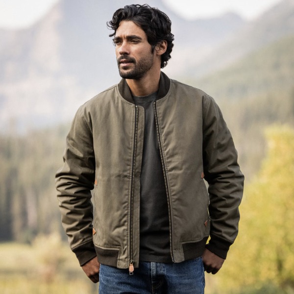 man wearing a waxed canvas bomber style jacket