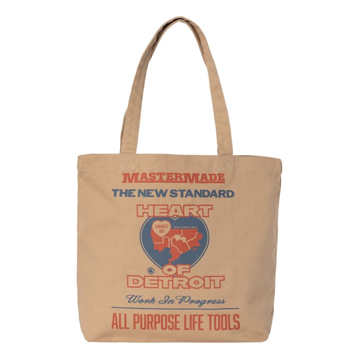 brown tote bag with heart of detroid graphic