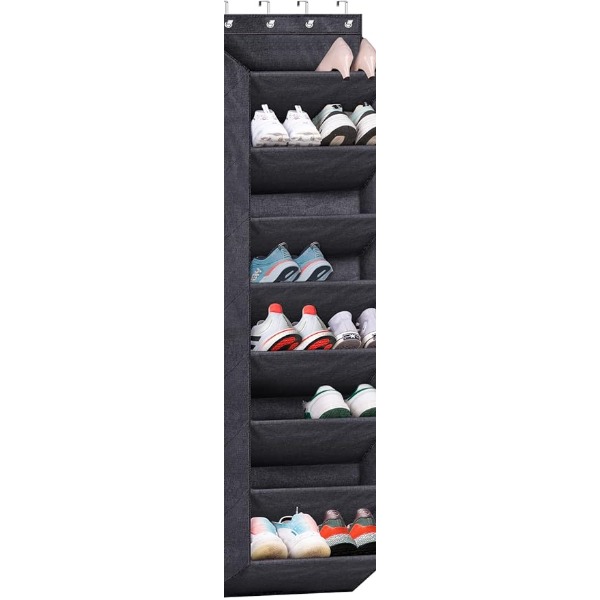 an over the door shoe organizer with assorted pairs of shoes