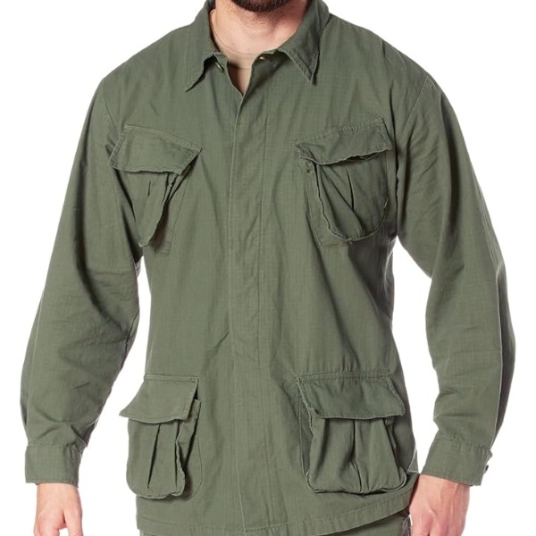 man wearing a ripstop style long sleeve shirt