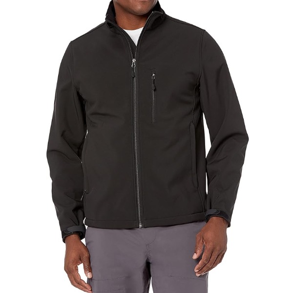 man wearing a full zip front soft shell jacket over pants