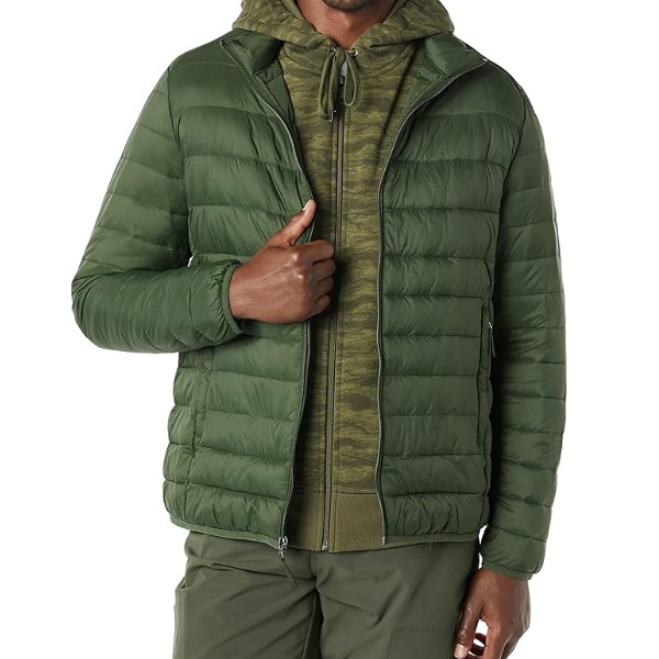 man wearing a packable lightweight water resistant puffer jacket