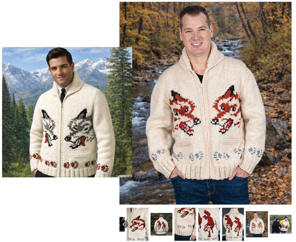 two product shots of mary maxim product photos, left the original wolf sweater, right the modified fox version