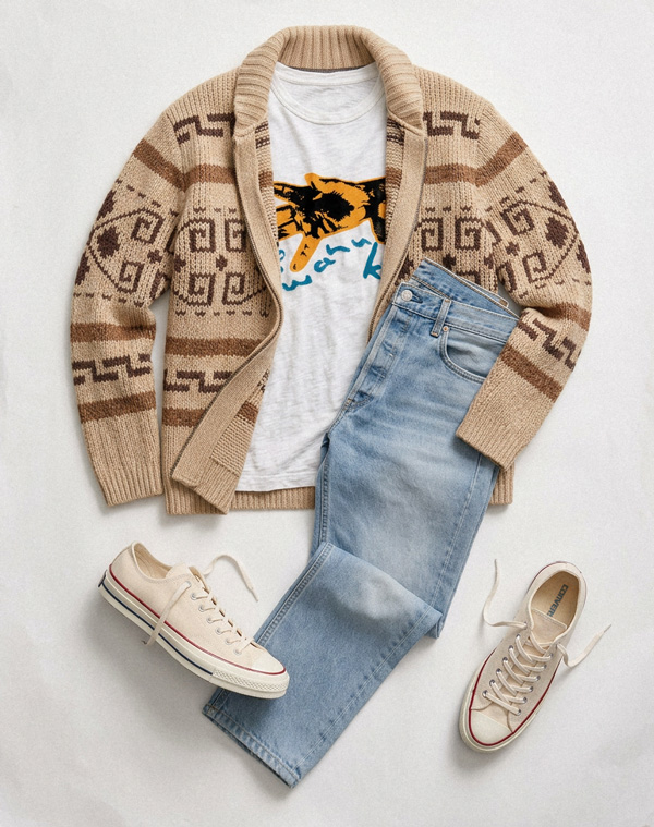 flatlay men's casual outfit with westerly sweater and lightwash denim, tan converse