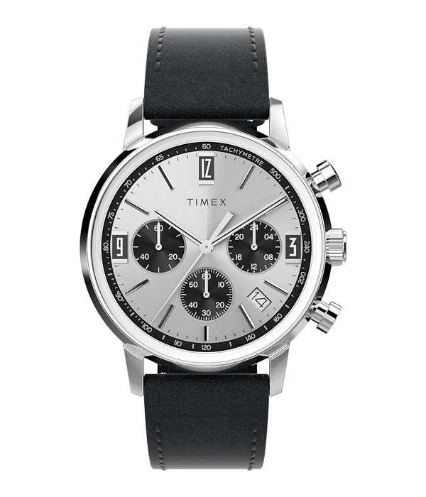 black leather and silver chronograph watch