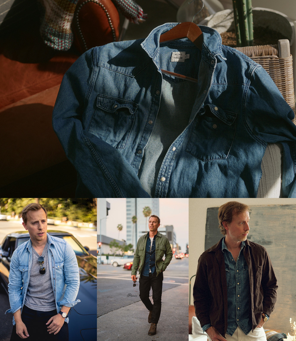 Collage of four cinematic images featuring a person wearing denim shirts in different settings. The largest image shows the person indoors in a blue denim button-up shirt under warm lighting, while three smaller images show additional denim shirt outfits with layered jackets. The collection suggests three denim shirts in a closet that justified upgrading and paying more, emphasizing durability, versatility, and cost per wear over time.