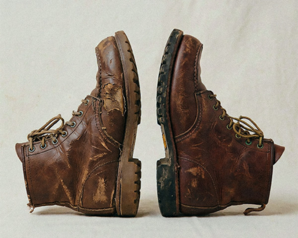 two pairs of worn out boots, on the left a pair of fake leather cheap boots and on the right worn out real leather premium boots