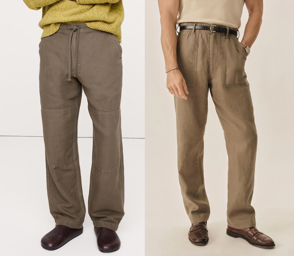 tan pull on pants from Banana Republic and Buck Mason
